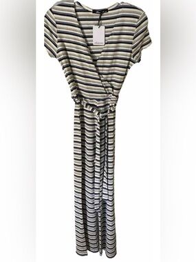 Olivaceous NWT Striped Knit Jumpsuit crossover wrap style front straight leg S